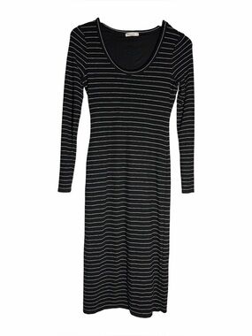 Marine Layer Lexi Rib Long Sleeve Midi Dress Black White Stripe Size Small